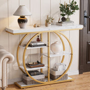 Gold Circle Console Table with Marble Shelves & Storage