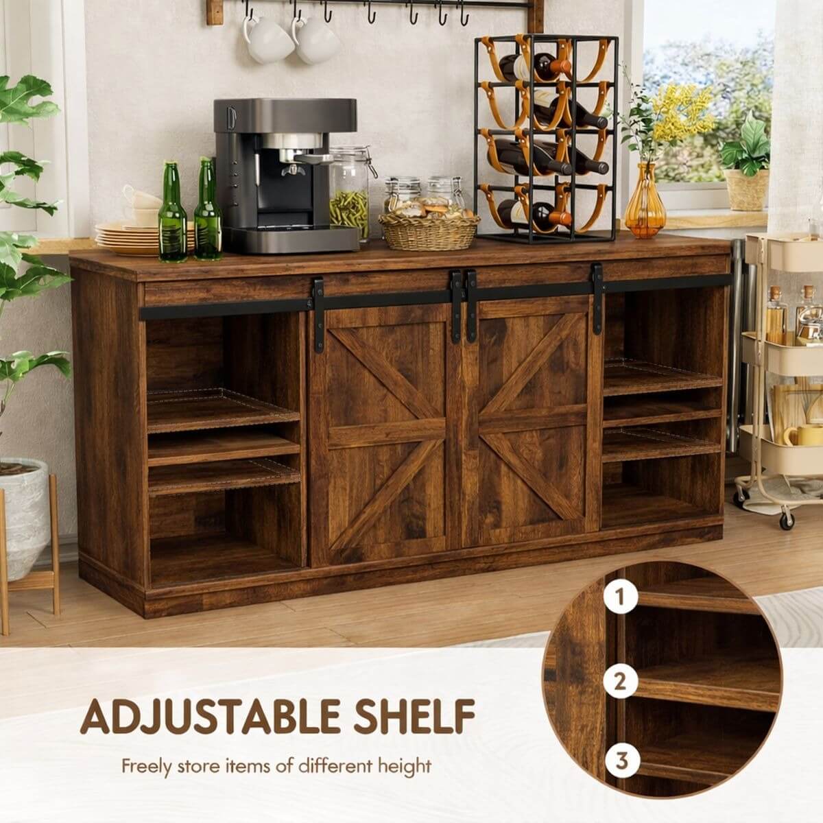 Farmhouse Sliding TV Stand featuring an adjustable shelf, ideal for versatile storage in a rustic style.