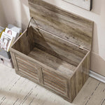 Rustic Storage Trunk Shoe Bench with flip-top storage, showcasing its vintage charm and modern functionality.