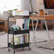 3-Tier Rolling Storage Cart with Wood Top next to a desk, holding books and flowers in a stylish home office setting.