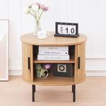 Chic round side table with sliding doors used as sofa end table