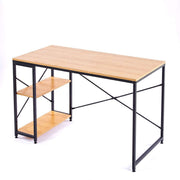 Light wood 120cm desk with two open storage shelves and black cross-braced metal frame
