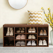 Cubby Shoe Storage Bench with Cushion & Adjustable Shelves displaying organized footwear in stylish entryway decor.