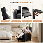 Product characteristics of a Manual Recliner chair showcasing thicker recliner, wider armrest, retractable pedals, and metal support.