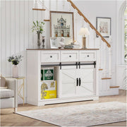 Farmhouse Wine Bar Cabinet with white finish and rustic wood top in modern living room setting.