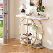 Gold Circle Console Table with Marble Shelves & Storage