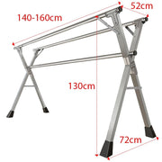Foldable Clothes Rail dimensions showing steel X-frame design, adjustable height 140-160cm, stable base, and compact storage.