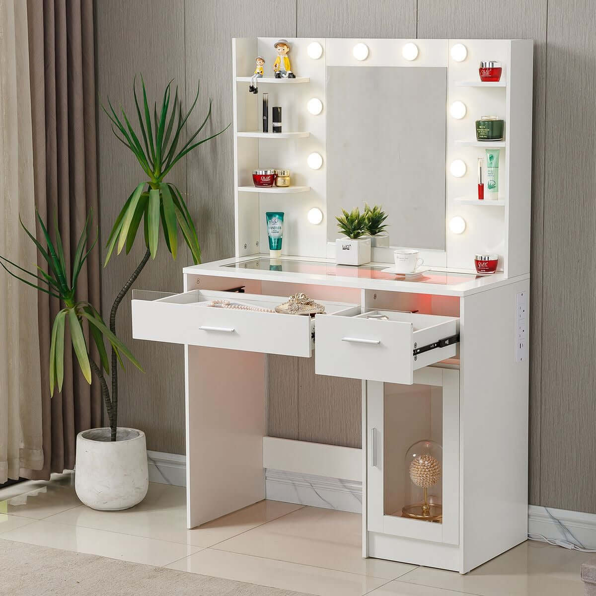 LED Vanity Desk with Charging Station & RGB Glass Top DR-17 featuring illuminated mirror and storage.