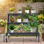 Three-tier black plant display rack filled with pots in a sunny garden setting