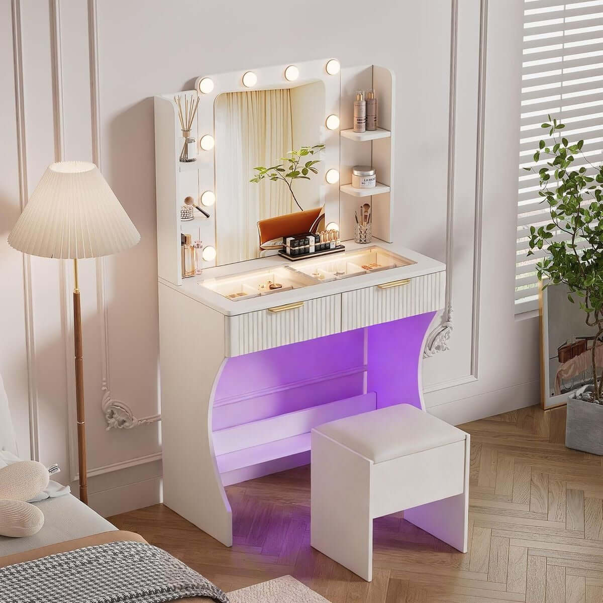 LED Dressing Table with Mirror featuring a charging station, modern design, and cushioned stool in a stylish bedroom.