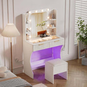 LED Dressing Table with Mirror featuring a charging station, modern design, and cushioned stool in a stylish bedroom.