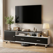 140–220cm adjustable TV stand with cabinet, drawers and open media shelf in a living room