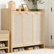 Boho 3-Door Shoe Cabinet displaying a rustic design with gold handles and spacious storage in a stylish entryway.