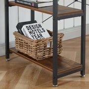 Close-up of two-tier desk storage shelves, metal frame and adjustable feet