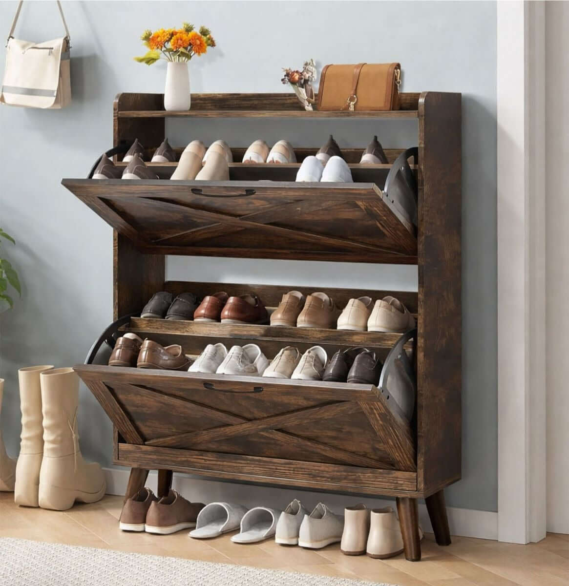 Rustic Tilt-Out Shoe Cabinet with two drawers showcasing organized footwear in a stylish entryway setting.