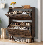 Rustic Tilt-Out Shoe Cabinet with two drawers showcasing organized footwear in a stylish entryway setting.