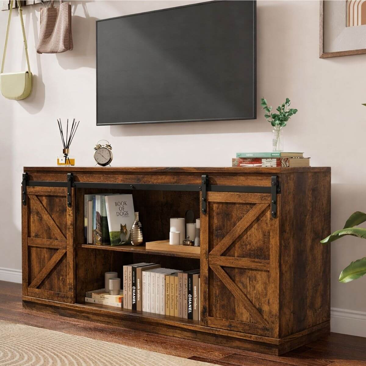 Farmhouse Sliding TV Stand featuring rustic charm and modern functionality in a stylish living room setting.