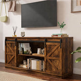 Farmhouse Sliding TV Stand featuring rustic charm and modern functionality in a stylish living room setting.