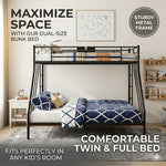 Single-over-double metal bunk bed styled in a children’s bedroom