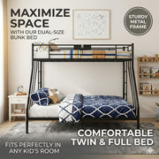 Single-over-double metal bunk bed styled in a children’s bedroom