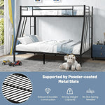 Black metal bunk bed showing powder-coated slats and no box spring design