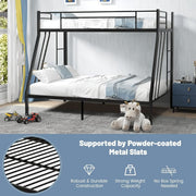 Black metal bunk bed showing powder-coated slats and no box spring design