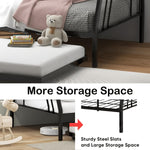 Under-bed storage space and sturdy metal slats on the black bunk bed
