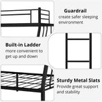 Close-up details of bunk bed guardrails, built-in ladder and metal mattress slats