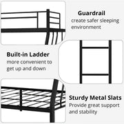Close-up details of bunk bed guardrails, built-in ladder and metal mattress slats