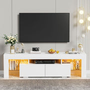 White LED TV unit with warm yellow lighting beneath a wall-mounted television