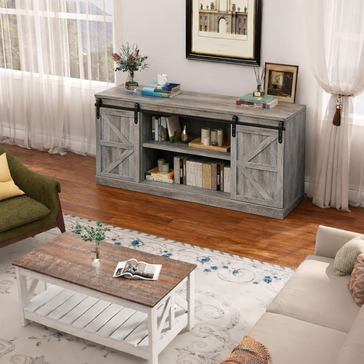 Farmhouse Sliding TV Stand in a cozy living room, featuring rustic design and spacious shelving for books and decor.