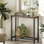 Console Table 2 Tier Rustic Entryway with wooden top and black metal frame, adorned with plants in a bright home setting.