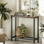 Console Table 2 Tier Rustic Entryway with wooden top and black metal frame, adorned with plants in a bright home setting.
