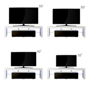 White and black TV stand shown with 32, 42, 50 and 55 inch televisions