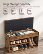 Rustic Shoe Storage Bench with Cushion displaying large storage capacity for shoes, books, and daily essentials.