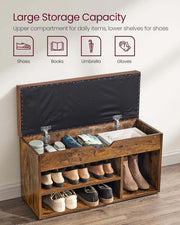 Rustic Shoe Storage Bench with Cushion displaying large storage capacity for shoes, books, and daily essentials.