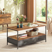 Coffee table with fabric drawer storage and rustic wood-look top