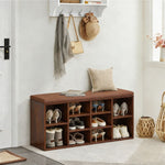 Cubby Shoe Storage Bench with Cushion & Adjustable Shelves in a stylish entryway with shoes neatly organized.