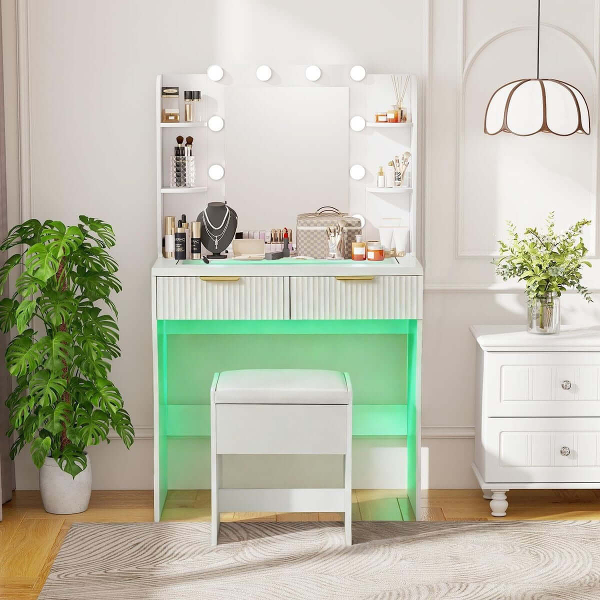 LED Dressing Table with Mirror and Charging Station featuring a modern design and illuminated mirror lights.