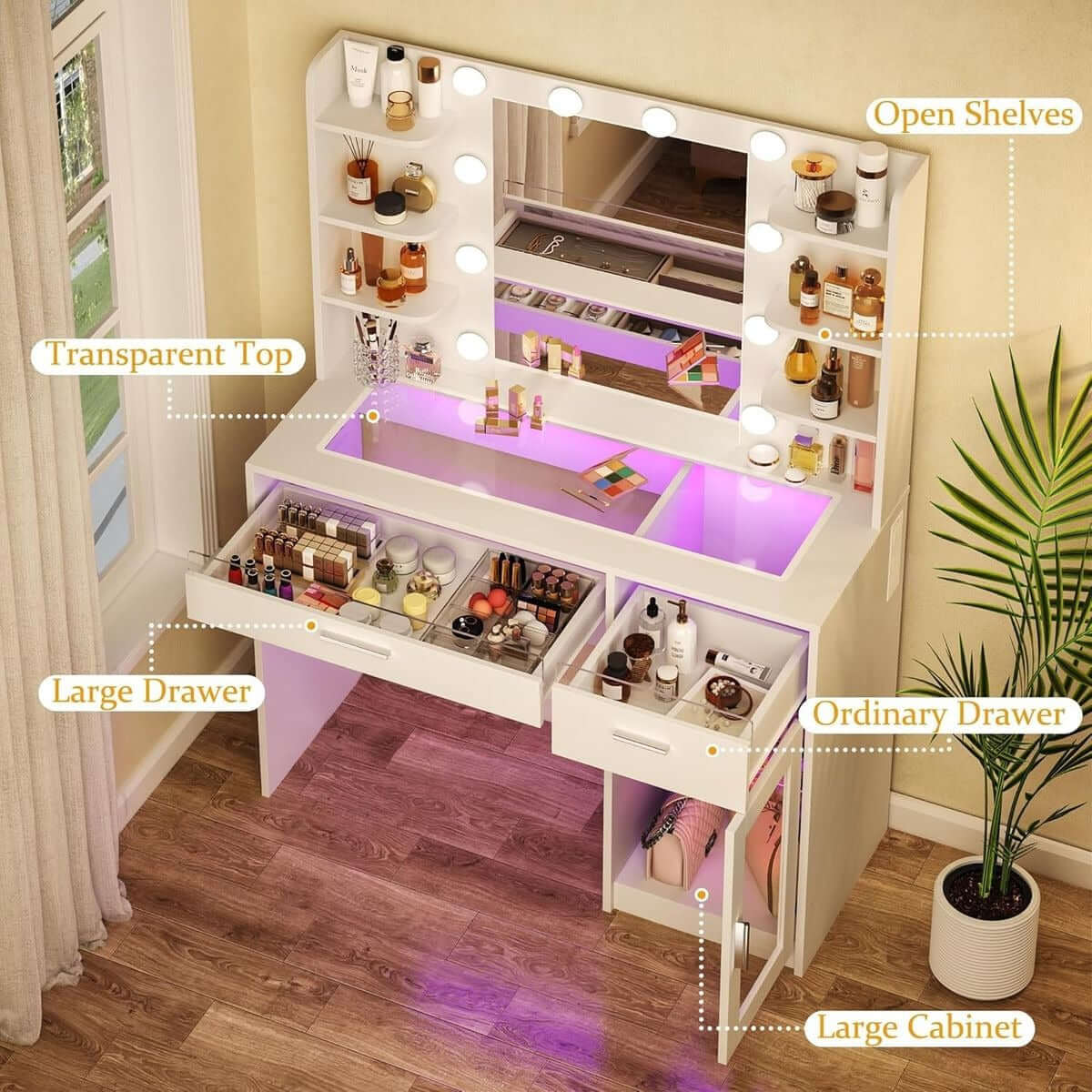 LED Vanity Desk with Charging Station & RGB Glass Top DR-17 features transparent top, open shelves, and large drawers.