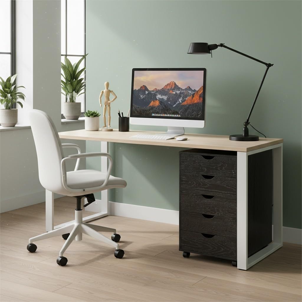 Black Bedside Table with Drawers next to a modern desk and chair in a bright workspace.