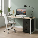 Black Bedside Table with Drawers next to a modern desk and chair in a bright workspace.