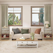 Modern LED Pedestal with Open Shelf - Set of 2 placed beside a stylish couch in a well-lit living room.