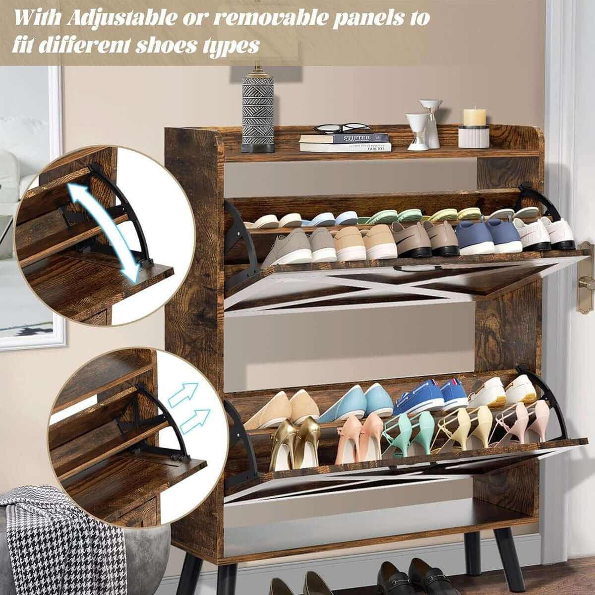 Rustic Tilt-Out Shoe Cabinet showcasing adjustable panels for various shoe types and stylish organization.