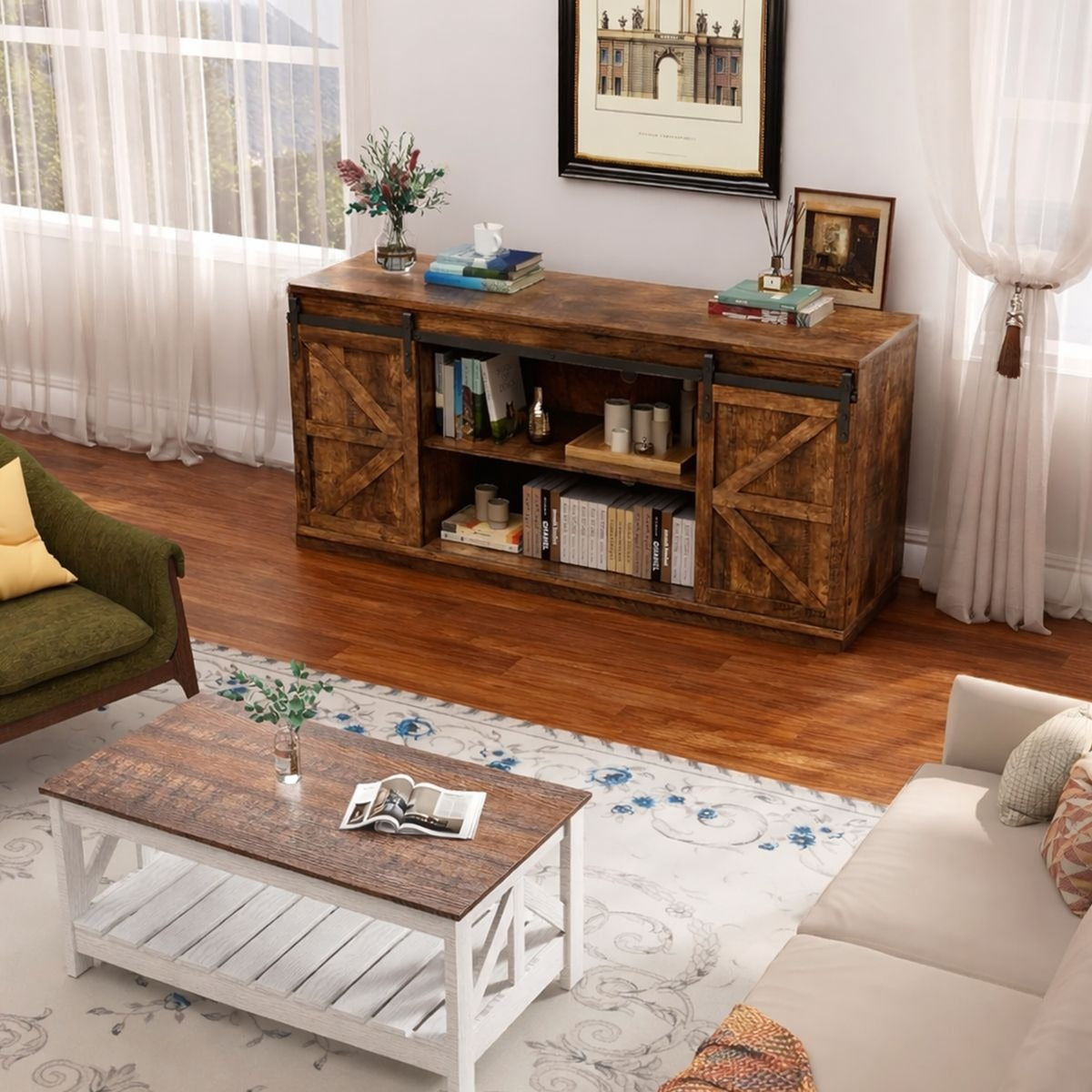 Farmhouse Sliding TV Stand in a cozy living room, showcasing rustic design with sliding doors and open shelving.