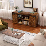 Farmhouse Sliding TV Stand in a cozy living room, showcasing rustic design with sliding doors and open shelving.