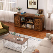Farmhouse Sliding TV Stand in a cozy living room, showcasing rustic design with sliding doors and open shelving.