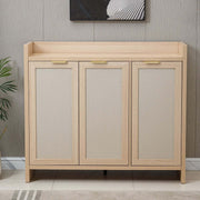 Boho 3-Door Shoe Cabinet showcasing a rustic design with gold handles and fabric front panels in a stylish interior setting.