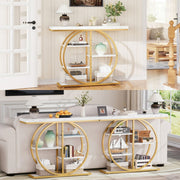 Gold Circle Console Table with Marble Shelves & Storage