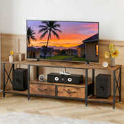 TV stand with fabric storage drawers and open shelving detail